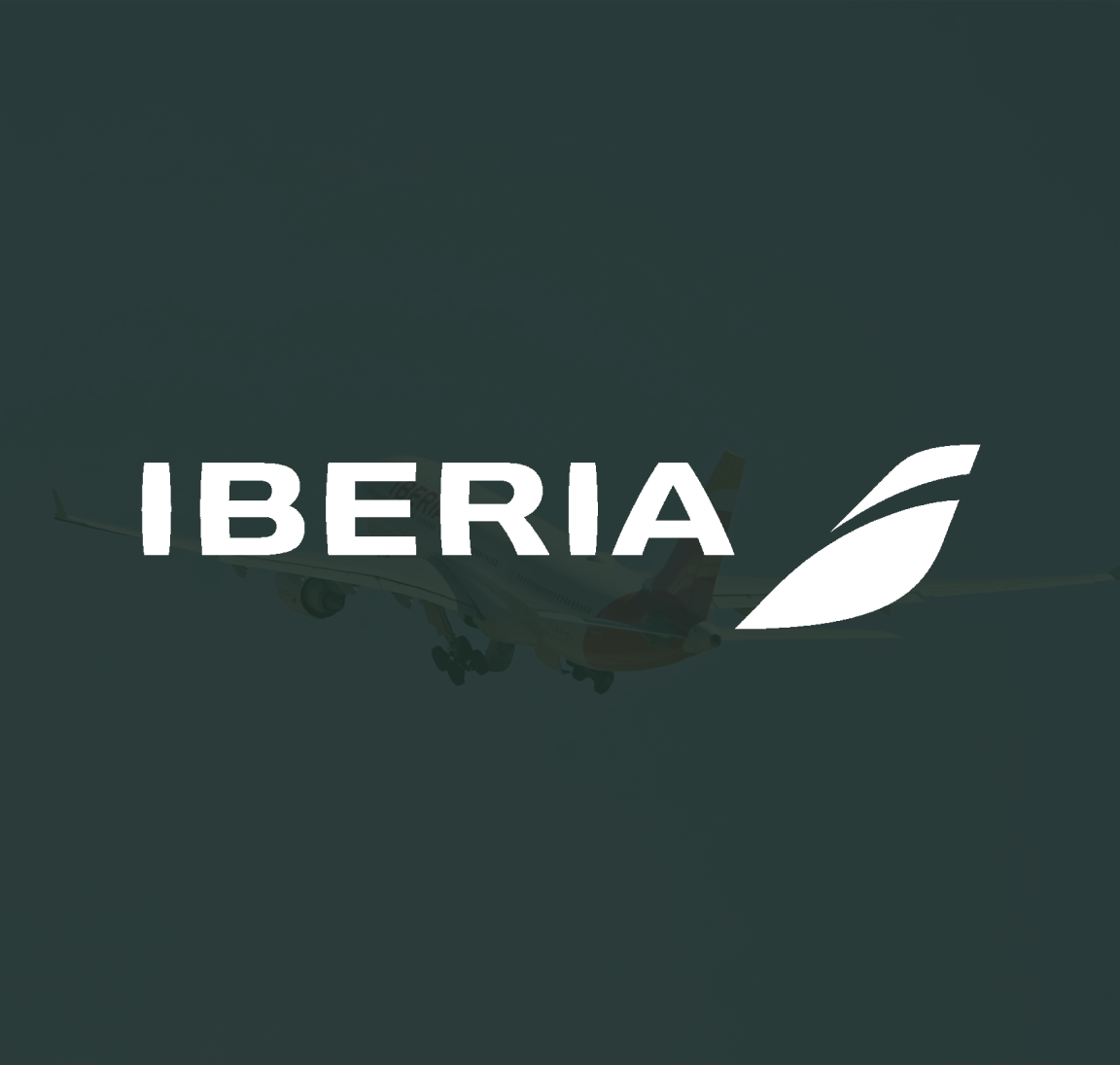 Iberia logo atop an image of an Iberia plane taking off