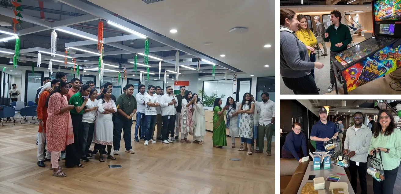 Three-photo collage showing coworkers gathered in an office, playing an arcade game, and posing with gift bags and refreshments.