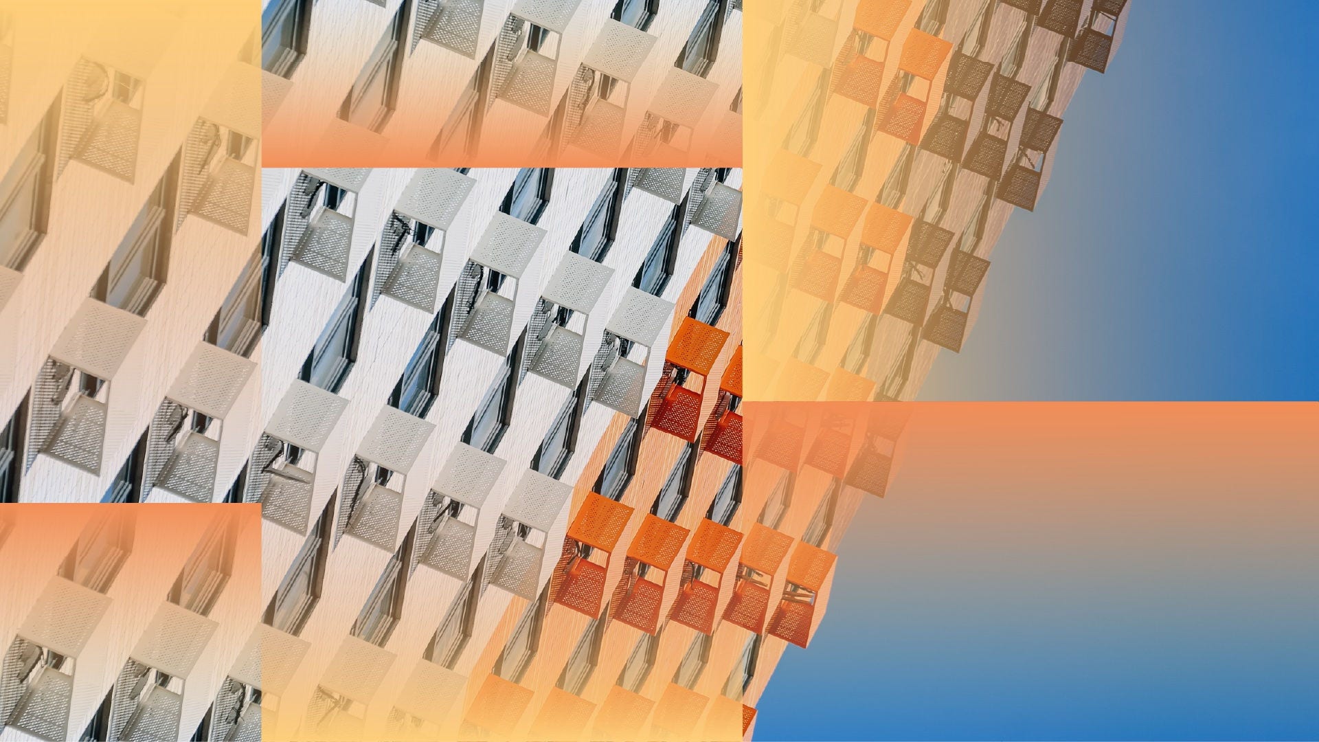 Abstract architectural pattern of repeating geometric panels overlaid with soft orange and blue gradients, creating a modern, layered visual texture.