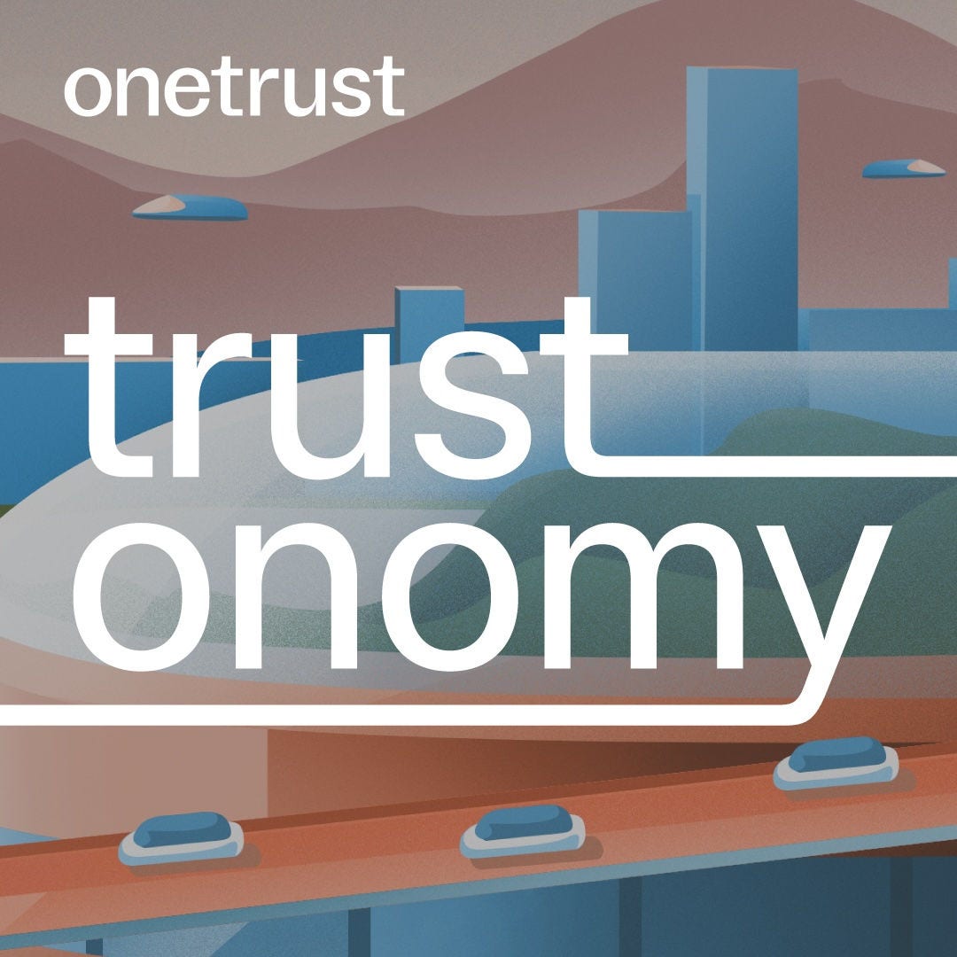 OneTrust ‘Trustonomy’ graphic featuring a stylized cityscape with buildings, bridges, and abstract vehicles in muted blue and earth tones, overlaid with the text ‘onetrust’ and ‘trustonomy.
