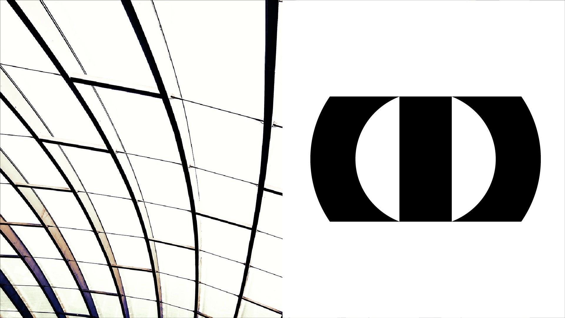 Abstract architectural grid of curved black beams and thin lines against a bright, translucent glass ceiling, forming a modern, structured pattern.