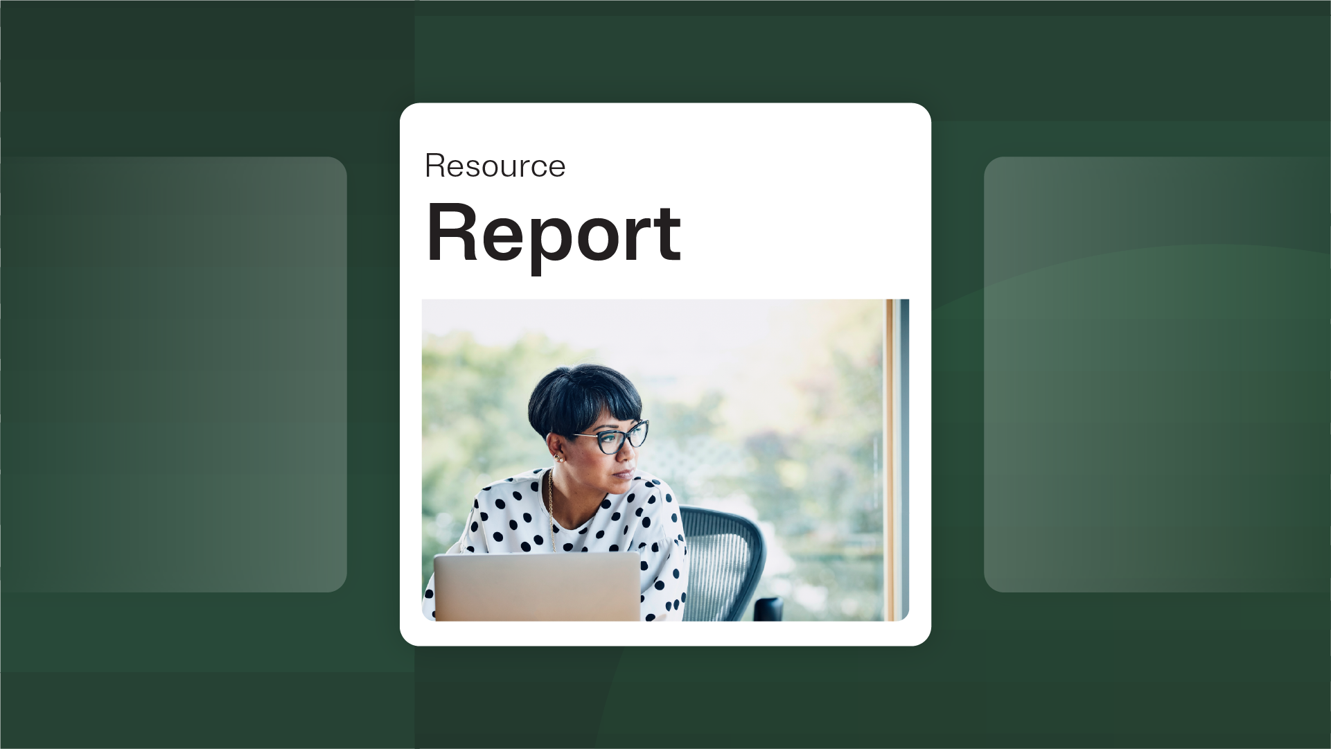 Illustration of a report with an image of a woman at a computer on it atop a multi gradient green background