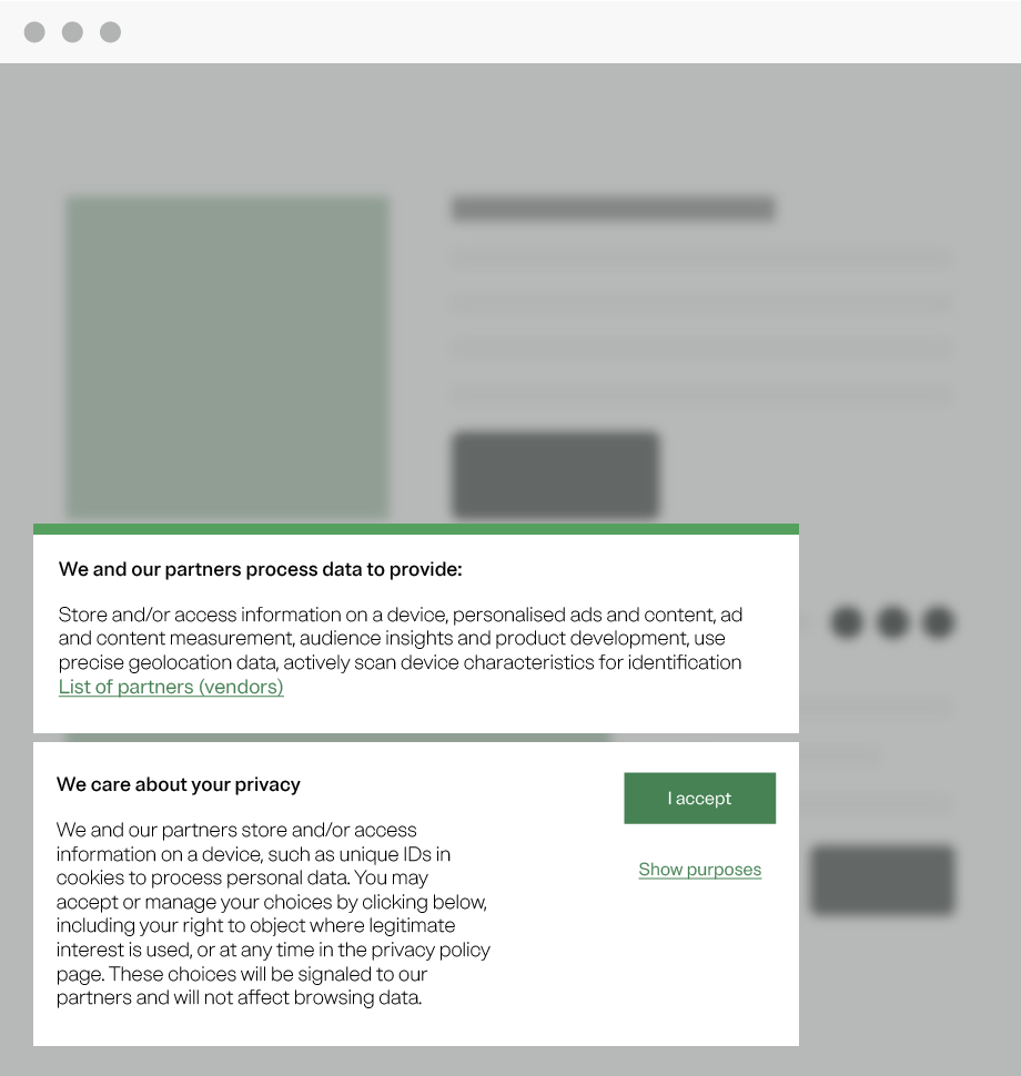 OT-thumbnail-cookie-banner-floating-flat-iab-tcf Web banners with privacy and data purpose statements, a link to a list of data vendors and purposes, and an "Accept" button
