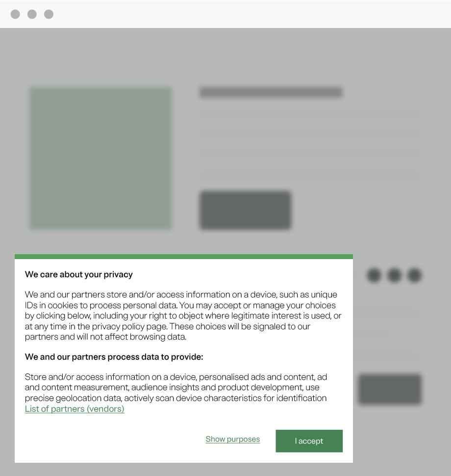 OT-thumbnail-cookie-banner-floating-rounded-iab-tcf A cookie web banner on a company's with a statements on privacy and how they and their partners use customer data, links to data purposes and vendor partners, and an "Accept" button.