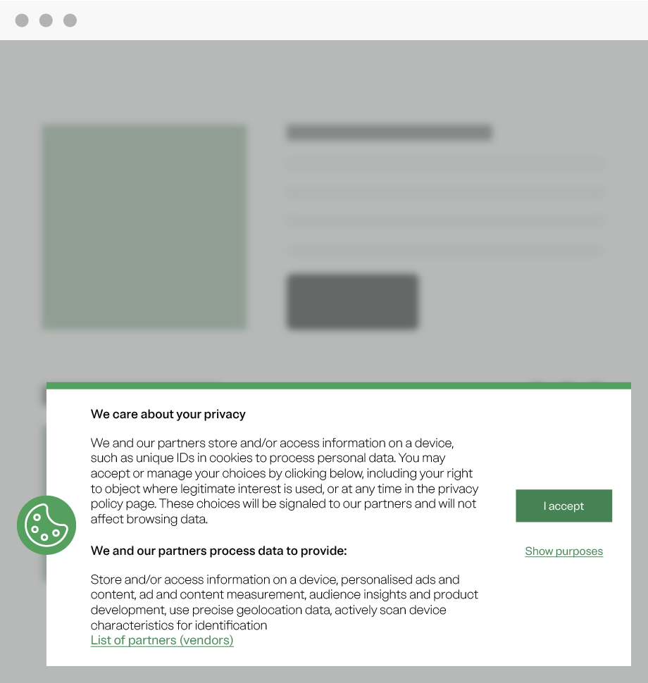 OT-thumbnail-cookie-banner-floating-rounded-icon-iab-tcf A cookie banner with a privacy statement, a "Accept" button, and links to partnered vendors and the purposes of data collection and data collection purposes.