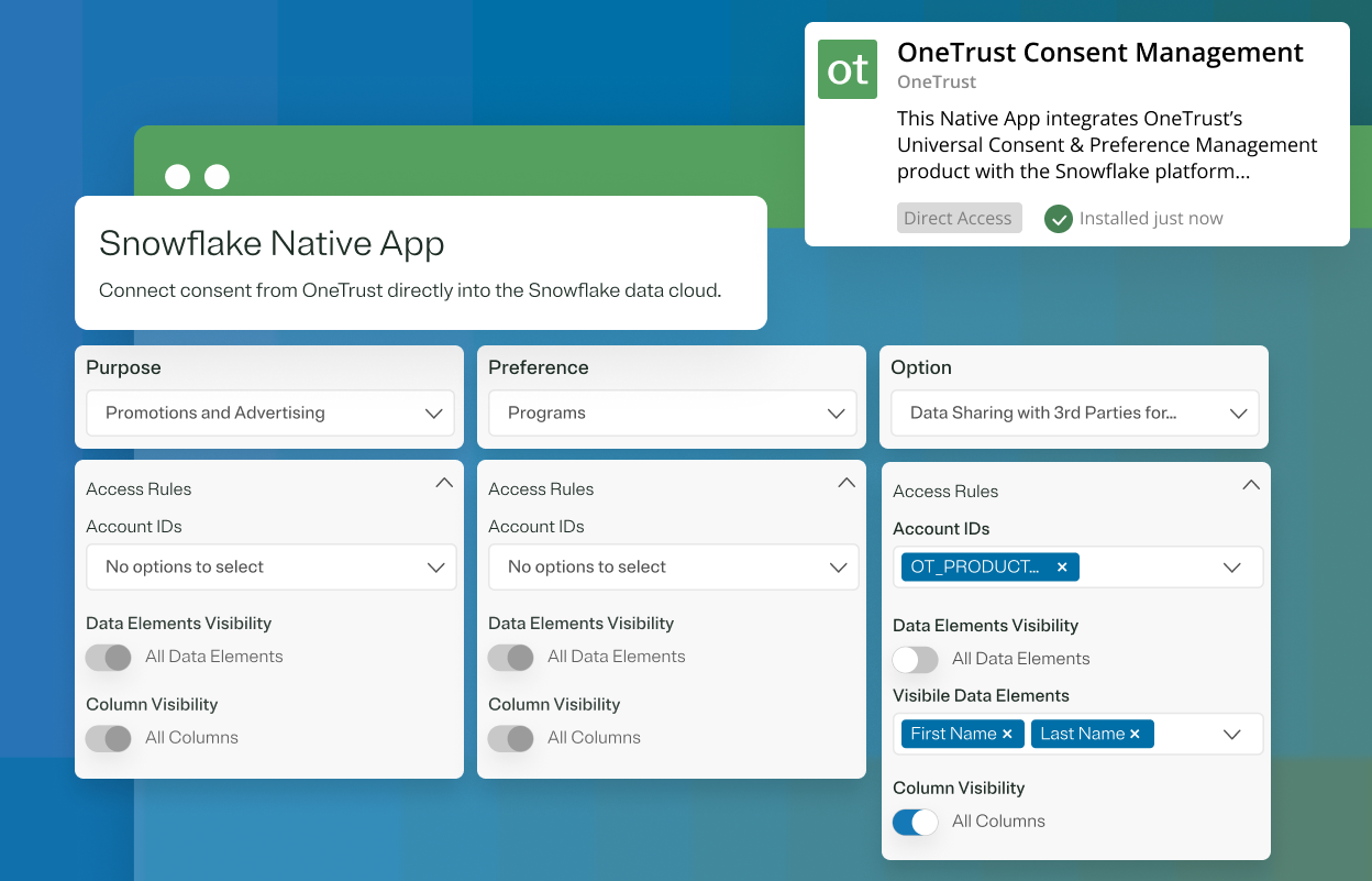 OT-thumbnail-product-release-consent-and-preferences-snowflake-native-consent Graphic depicting snowflake integrations with OneTrust