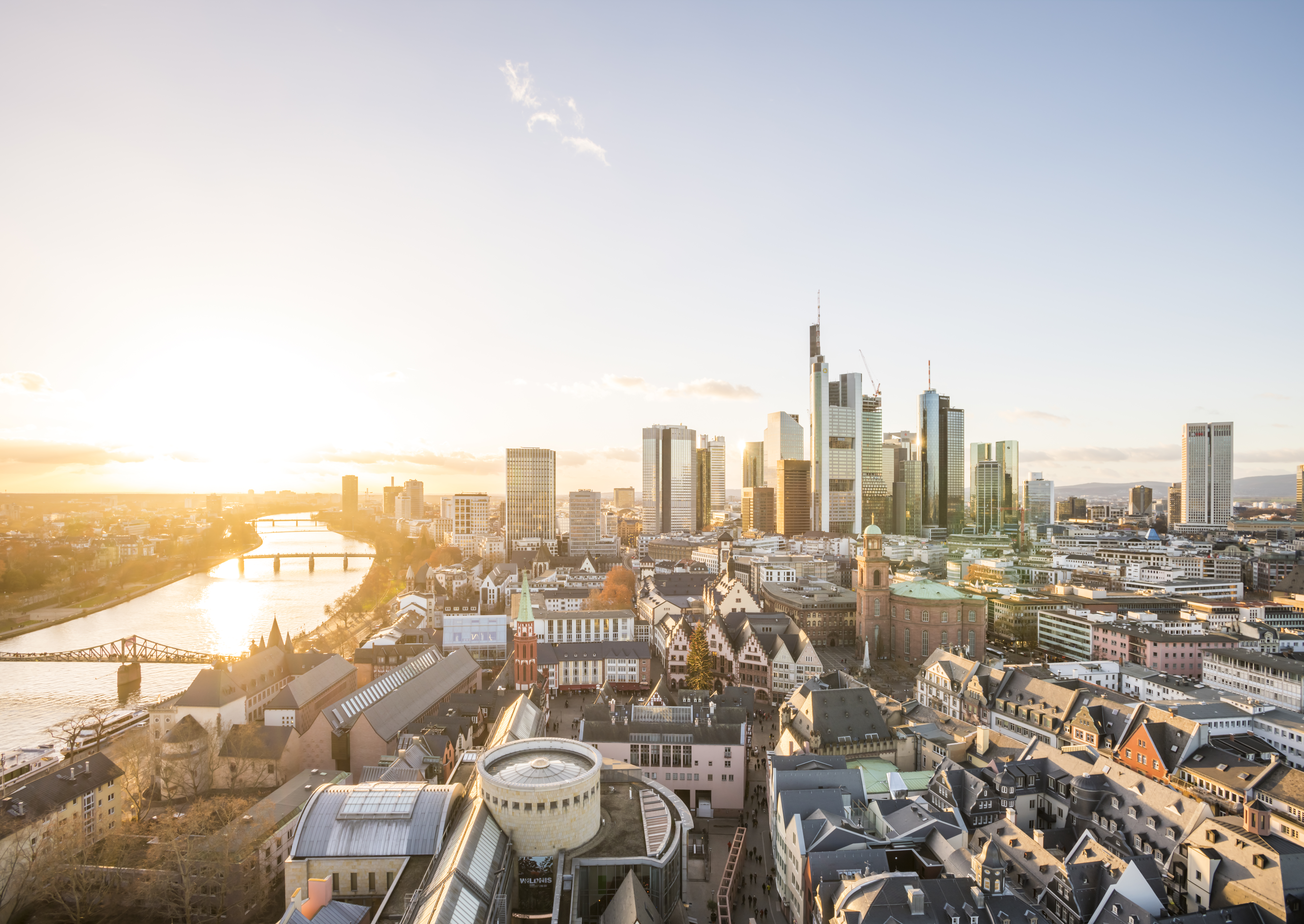 Main river and Downtown Frankfurt at sunset - Frankfurt on the Main, Hessen, Germany